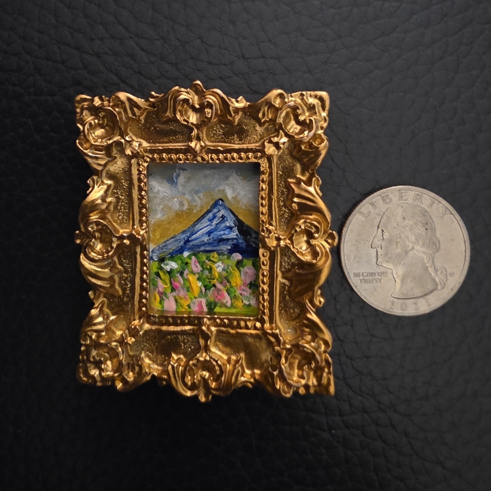 Micro Minature Acrylic Painting Landscape Mountain Scene Framed Original Art 2x2